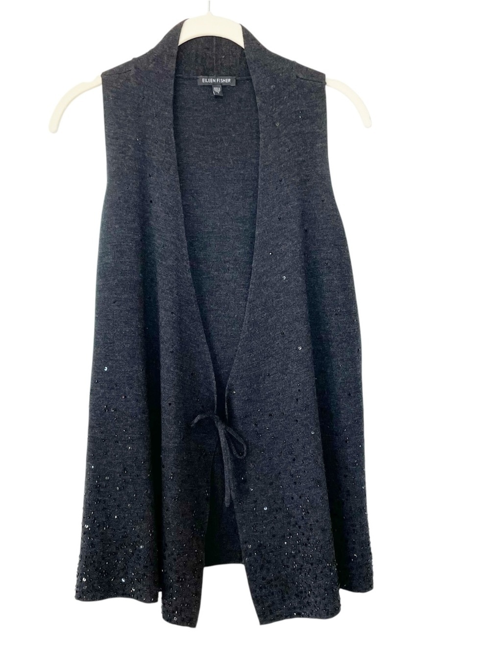 Eileen Fisher Gray Sleeveless Open-Front Knit Vest with Tie Small Merino Wool